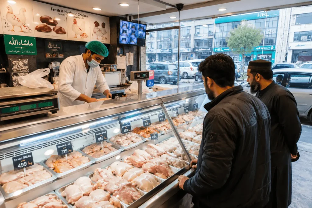 Fresh broiler chicken displayed in a modern retail meat shop in Islamabad, Pakistan