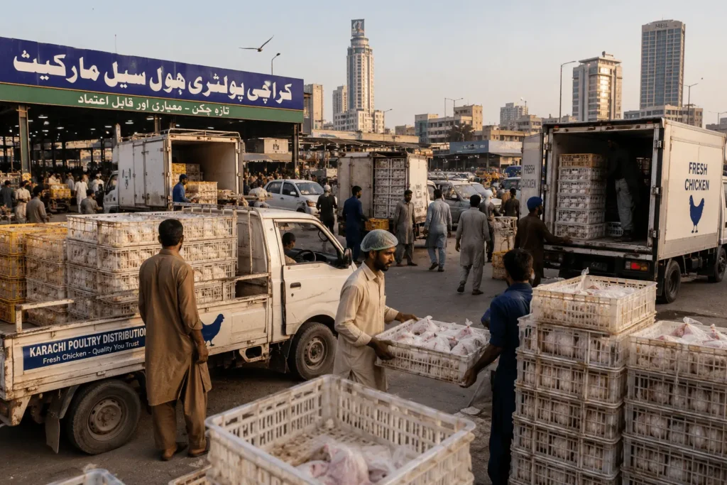 Fresh broiler chicken distribution at a wholesale poultry market in Karachi, Pakistan