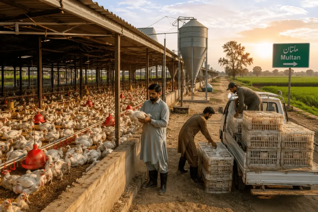 Commercial broiler poultry farm supplying fresh chickens to Multan, Pakistan