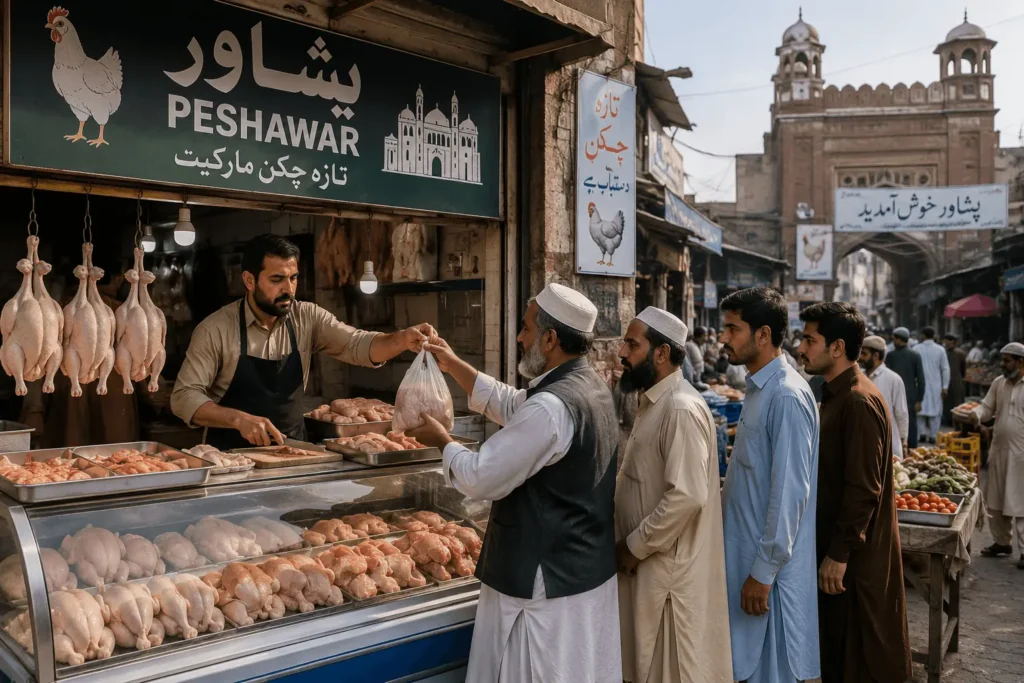 Customers buying fresh broiler chicken from a traditional market in Peshawar, Pakistan
