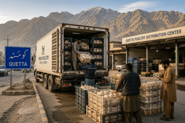 Broiler chicken transport truck arriving at a poultry distribution center in Quetta, Pakistan