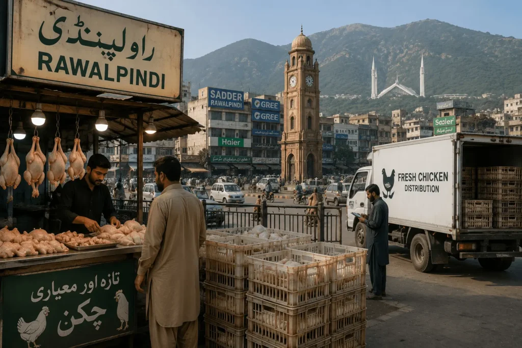 Fresh chicken market in Rawalpindi with local shoppers and poultry distribution